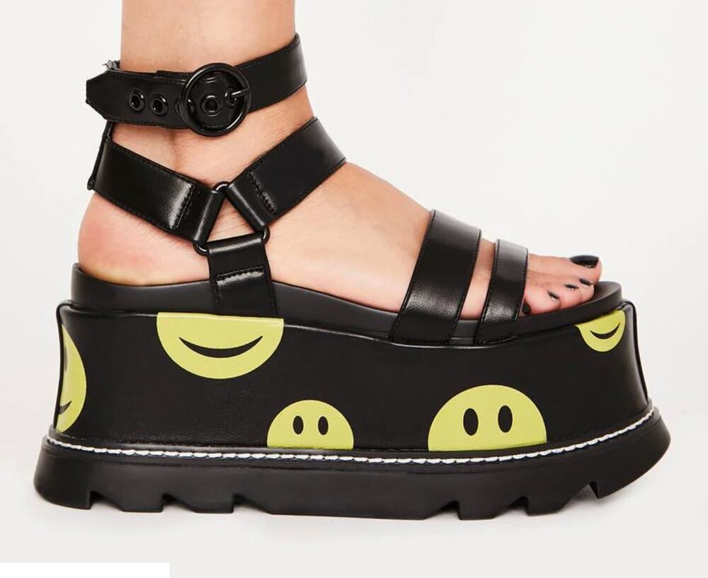 DOLLS KILL LAMODA Black Keep Smiling Smiley Platform Sandals Whimsigoth Rave 6